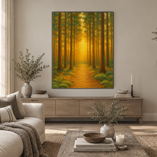 Woodland Glow Path — Sunlit Forest Nature Wall Art