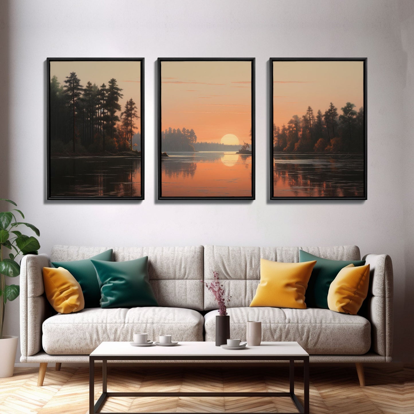 Sunset Lake Reflections – 3 Piece Framed Canvas Wall Art