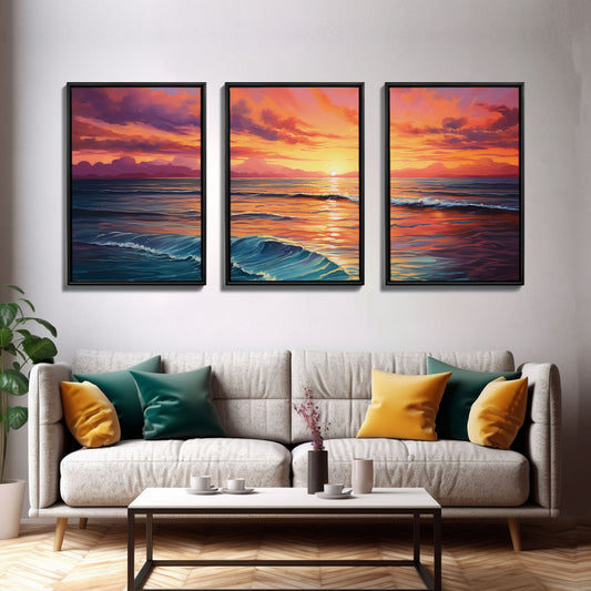 Sunset Panorama Waves – 3 Piece Watercolor Beach Canvas Wall Art