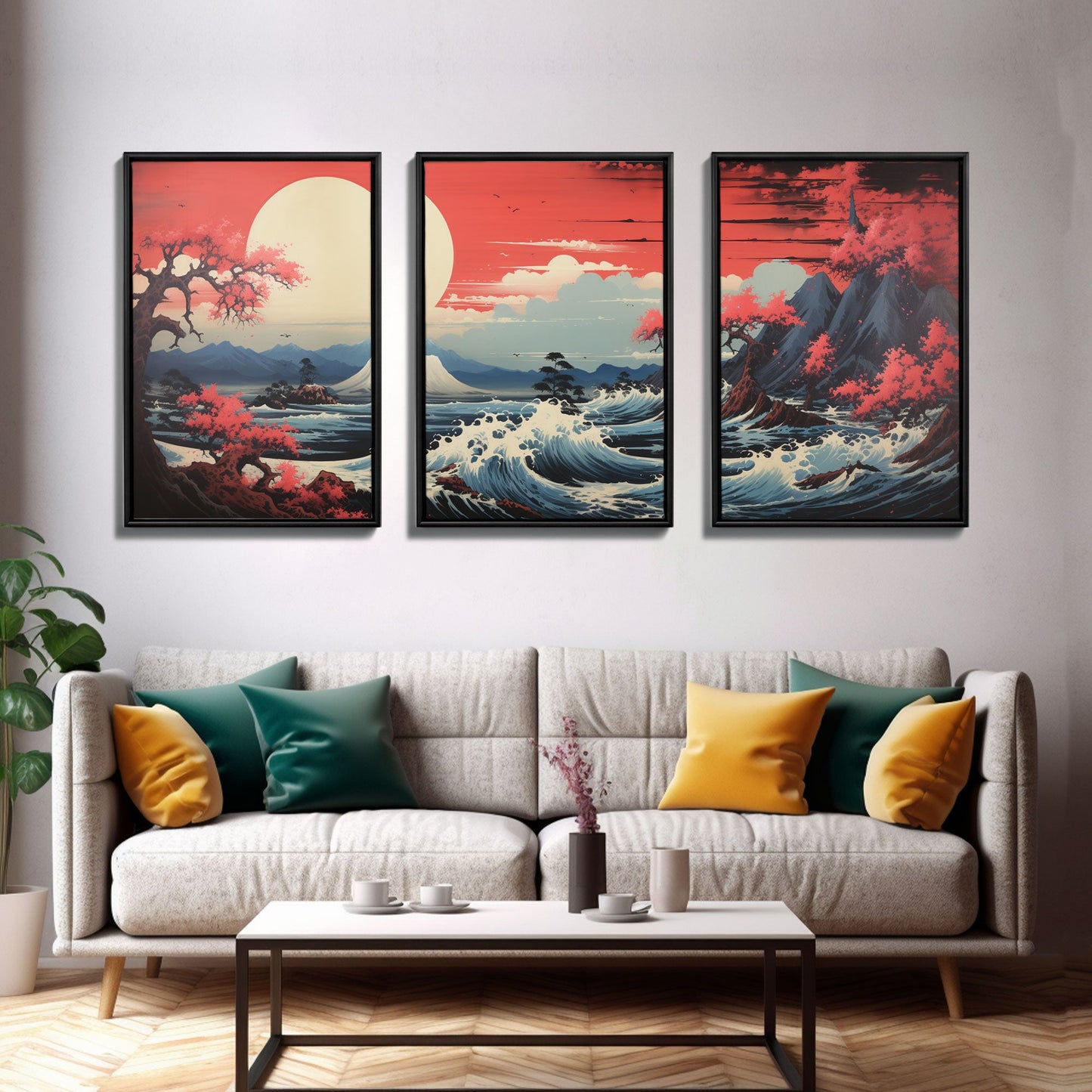 Crimson Wave Horizon – Japandi Seascape Triptych Wall Art