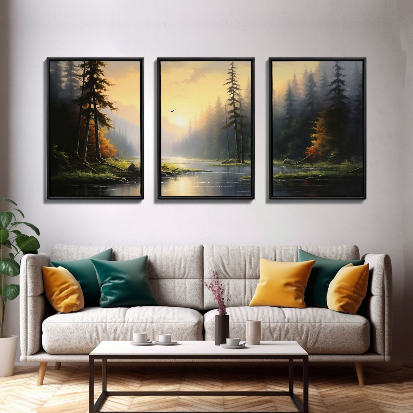 Stillness in the Pines – Sunset Forest Triptych