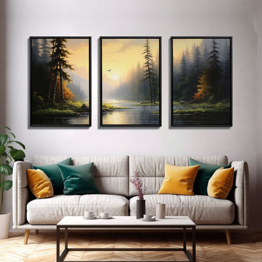 Stillness in the Pines – Sunset Forest Triptych
