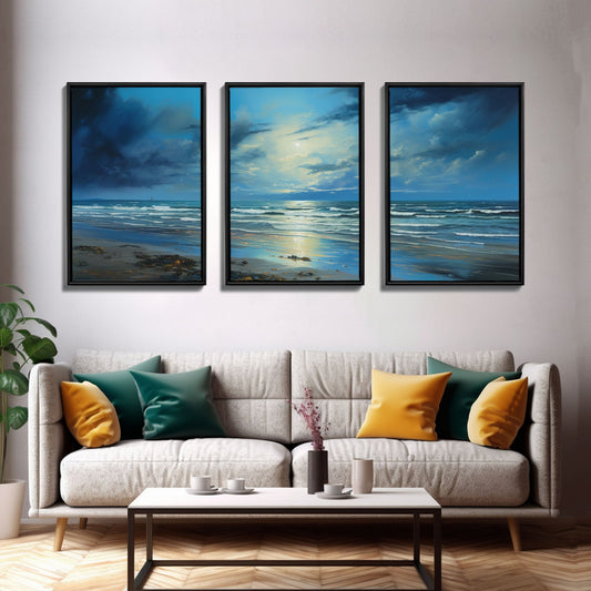 Night Tide Reflections – 3 Piece Framed Canvas Wall Art