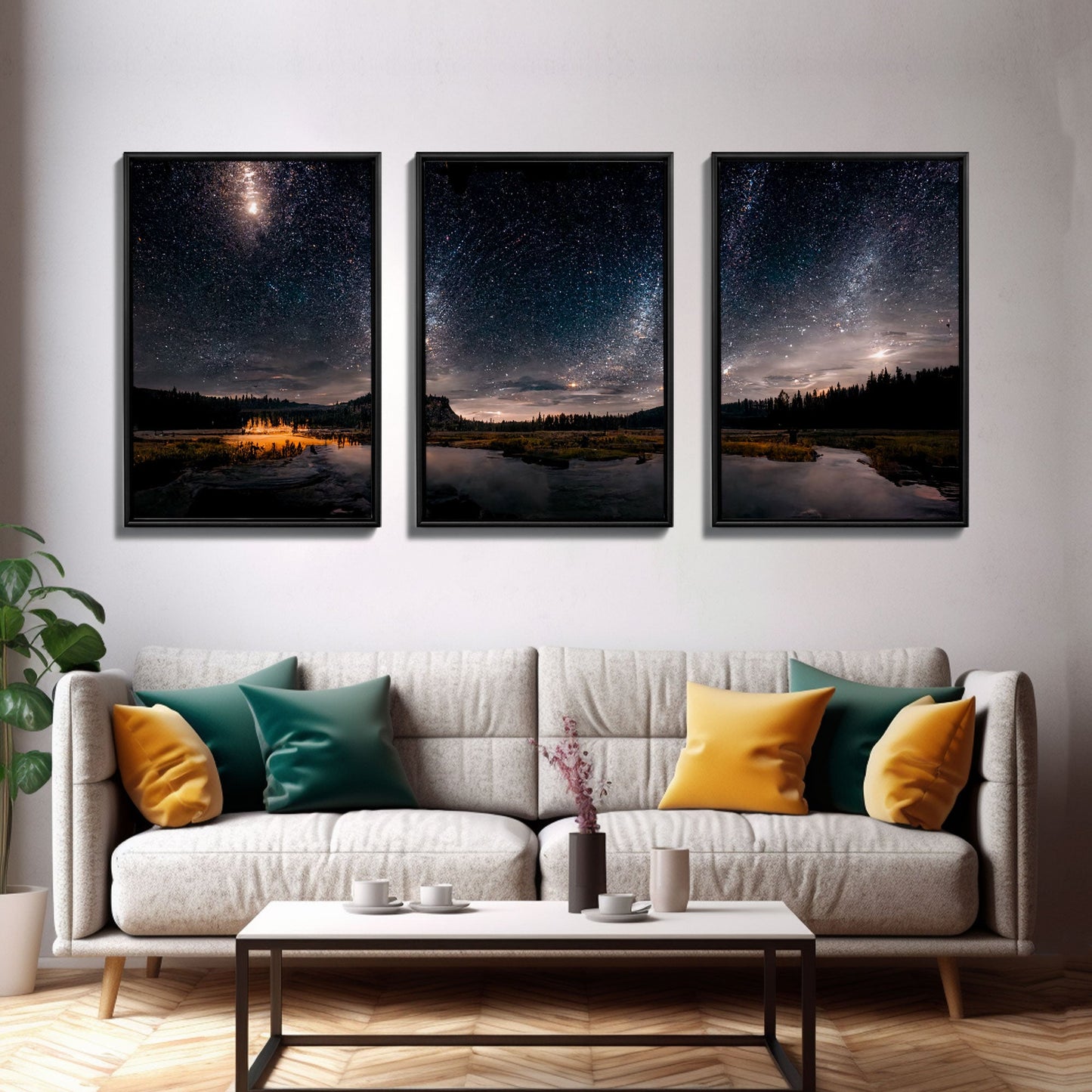 Starry Night Sky Over Montana – 3 Piece Wall Art Set, Travel Photography Canvas, Ready‑to‑Hang Triptych