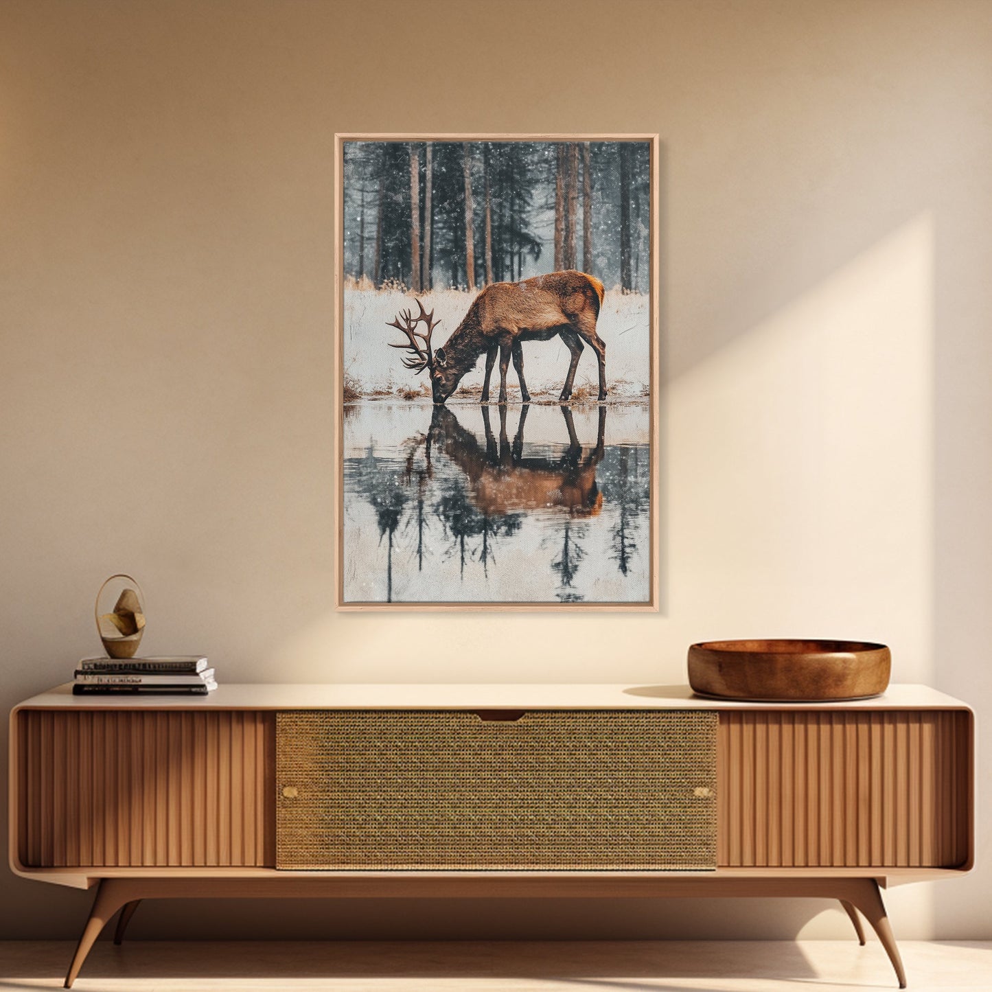 Snowfall at the Water’s Edge – Winter Woodland Deer Wall Art