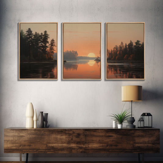 Sunset Lake Reflections – 3 Piece Framed Canvas Wall Art