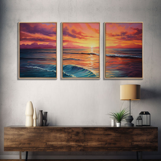 Sunset Panorama Waves – 3 Piece Watercolor Beach Canvas Wall Art