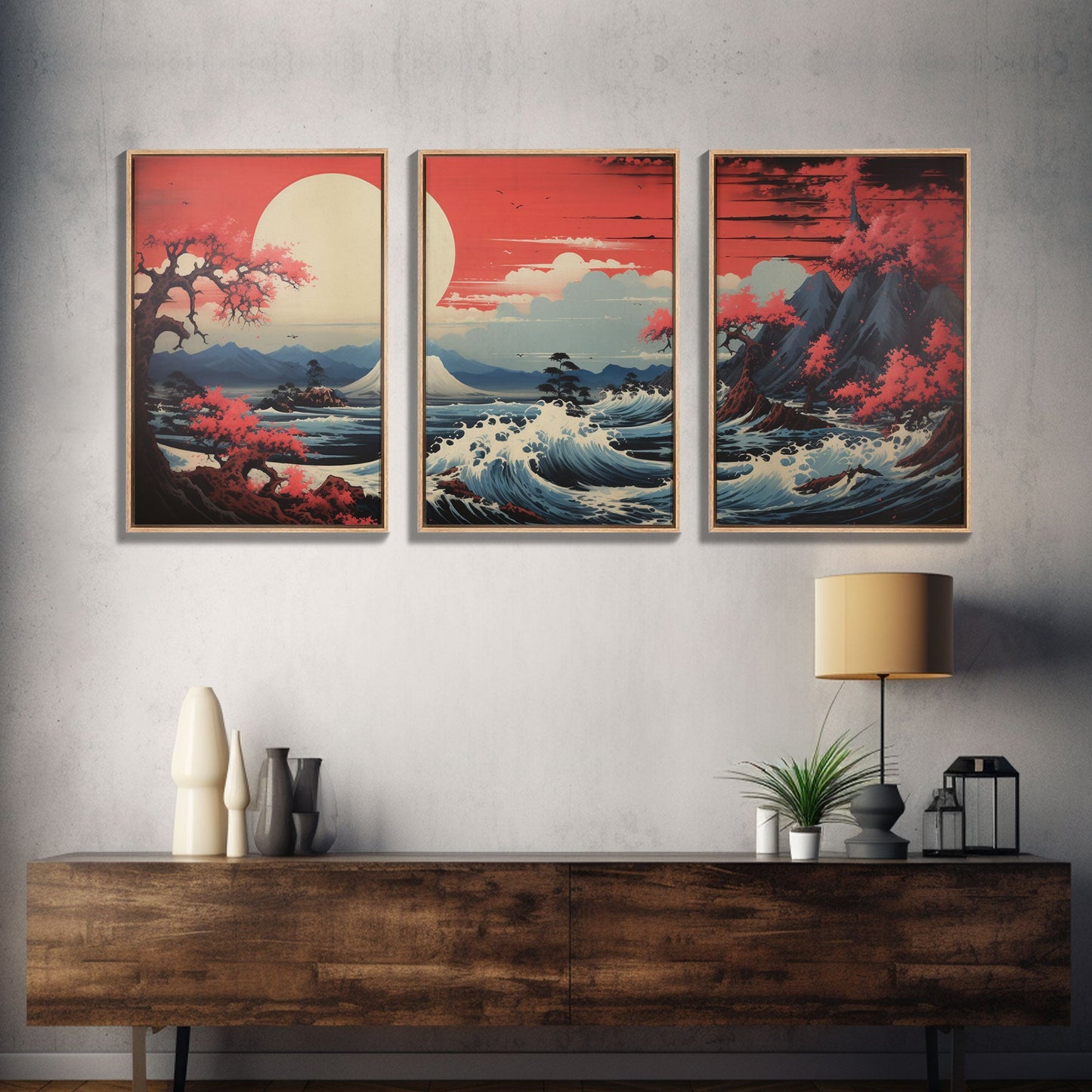 Crimson Wave Horizon – Japandi Seascape Triptych Wall Art