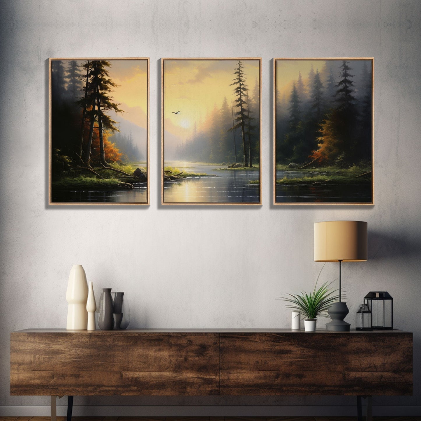 Stillness in the Pines – Sunset Forest Triptych