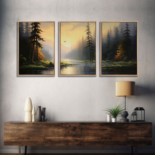 Stillness in the Pines – Sunset Forest Triptych