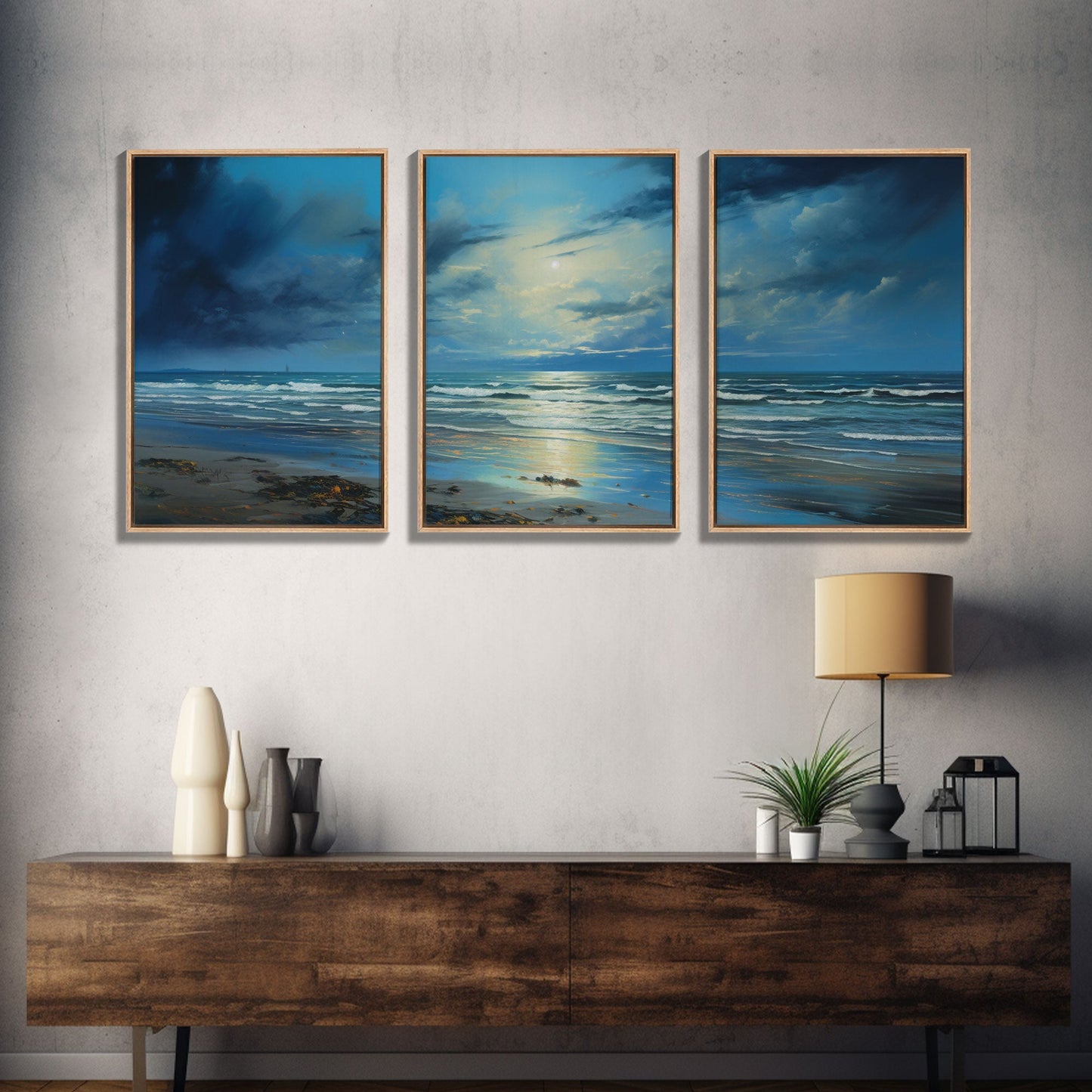Night Tide Reflections – 3 Piece Framed Canvas Wall Art