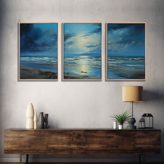 Night Tide Reflections – 3 Piece Framed Canvas Wall Art