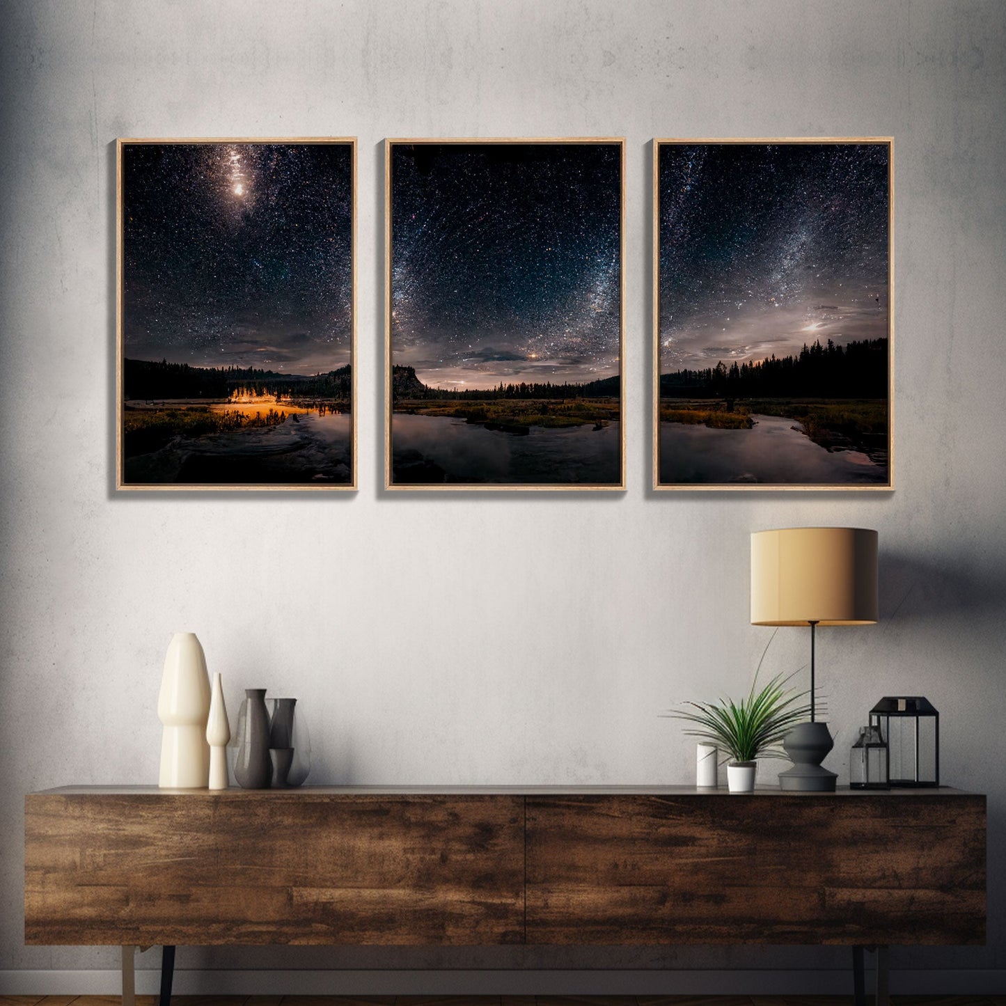Starry Night Sky Over Montana – 3 Piece Wall Art Set, Travel Photography Canvas, Ready‑to‑Hang Triptych