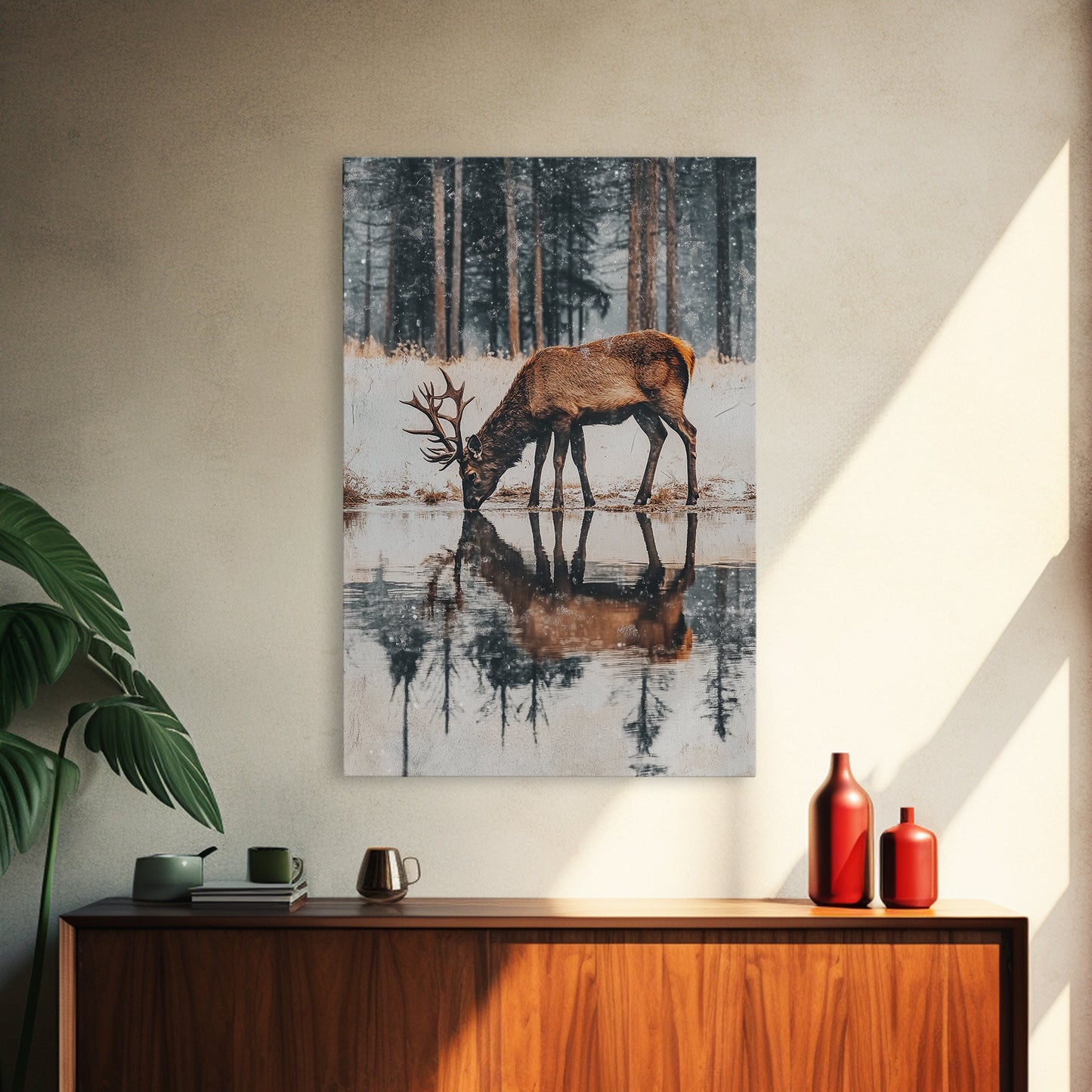 Snowfall at the Water’s Edge – Winter Woodland Deer Wall Art