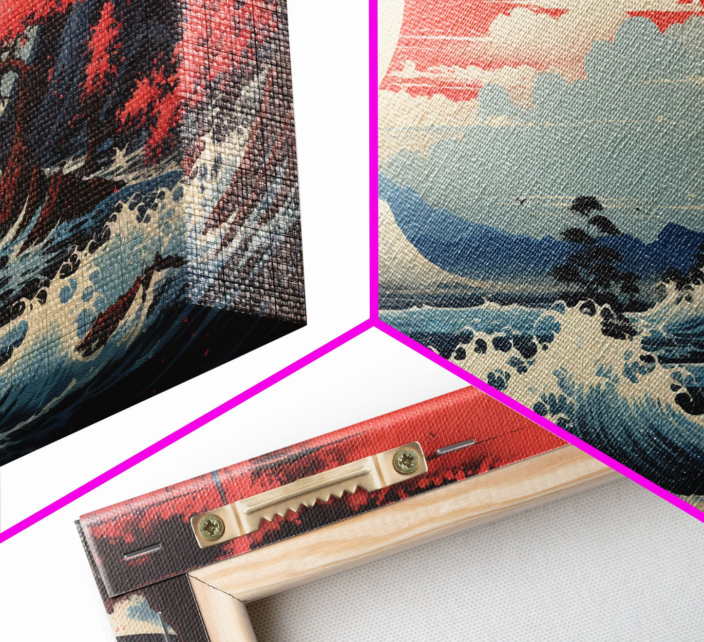 Crimson Wave Horizon – Japandi Seascape Triptych Wall Art