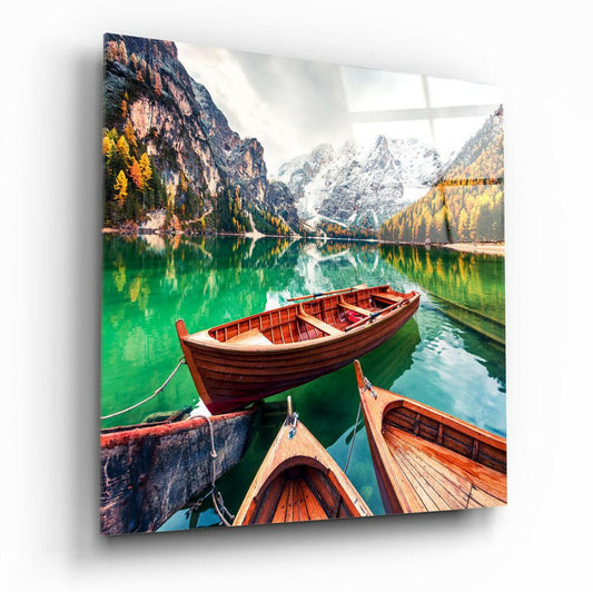 Emerald Passage – Alpine Lake Rowboat Glass Wall Art