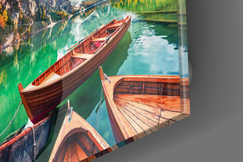 Emerald Passage – Alpine Lake Rowboat Glass Wall Art