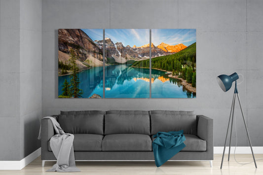 Alpine Reflection Triptych – Mountain Lake Glass Wall Art Set