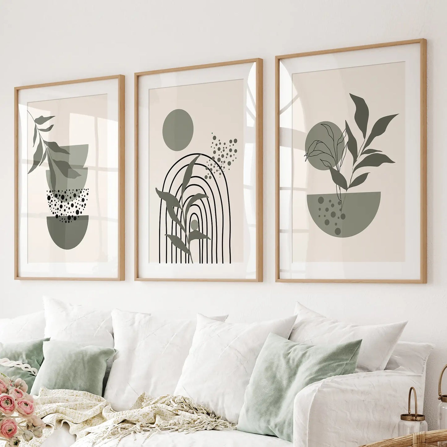 Green Mid‑Century Abstract Wall Art Set — 3 Piece Japandi Prints