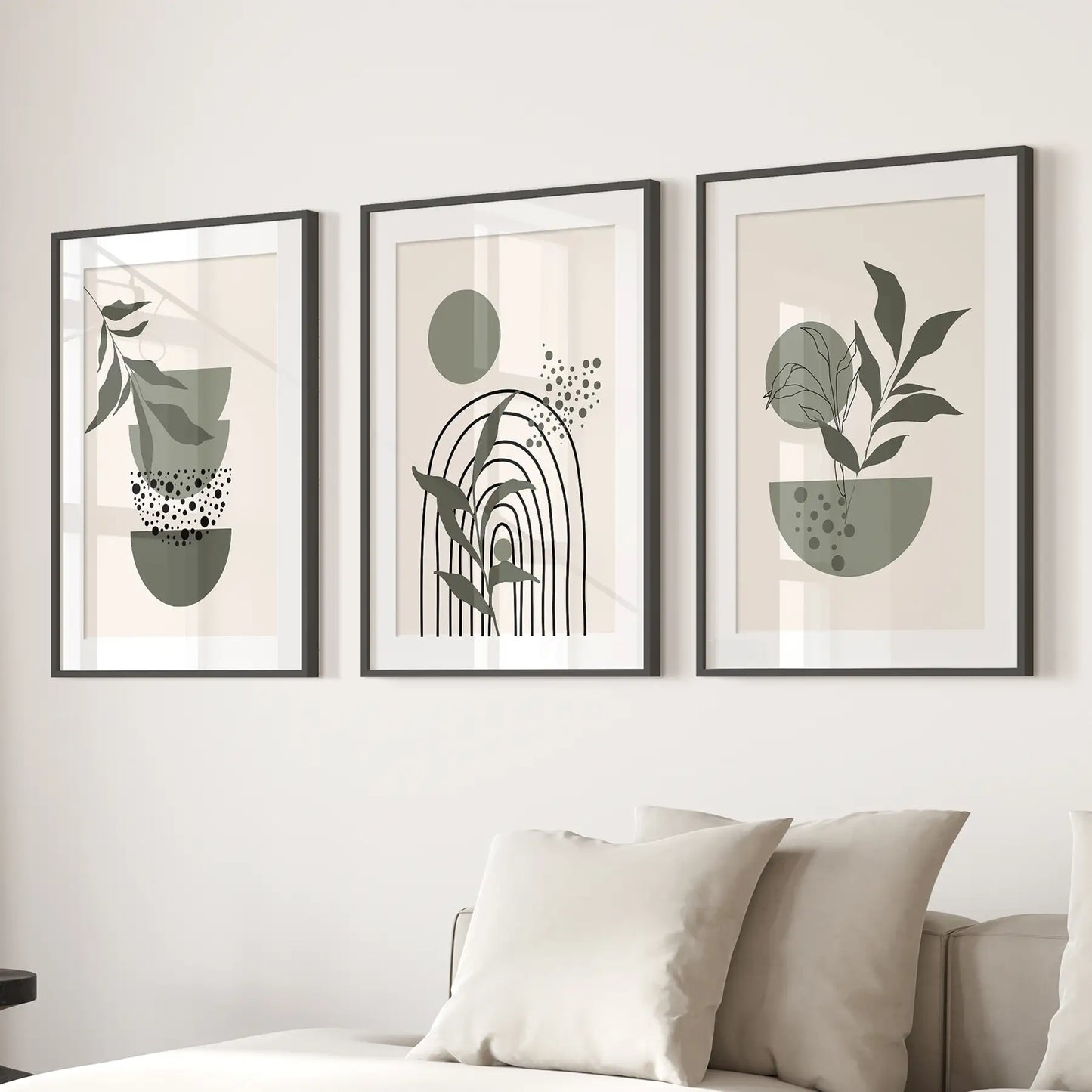 Green Mid‑Century Abstract Wall Art Set — 3 Piece Japandi Prints