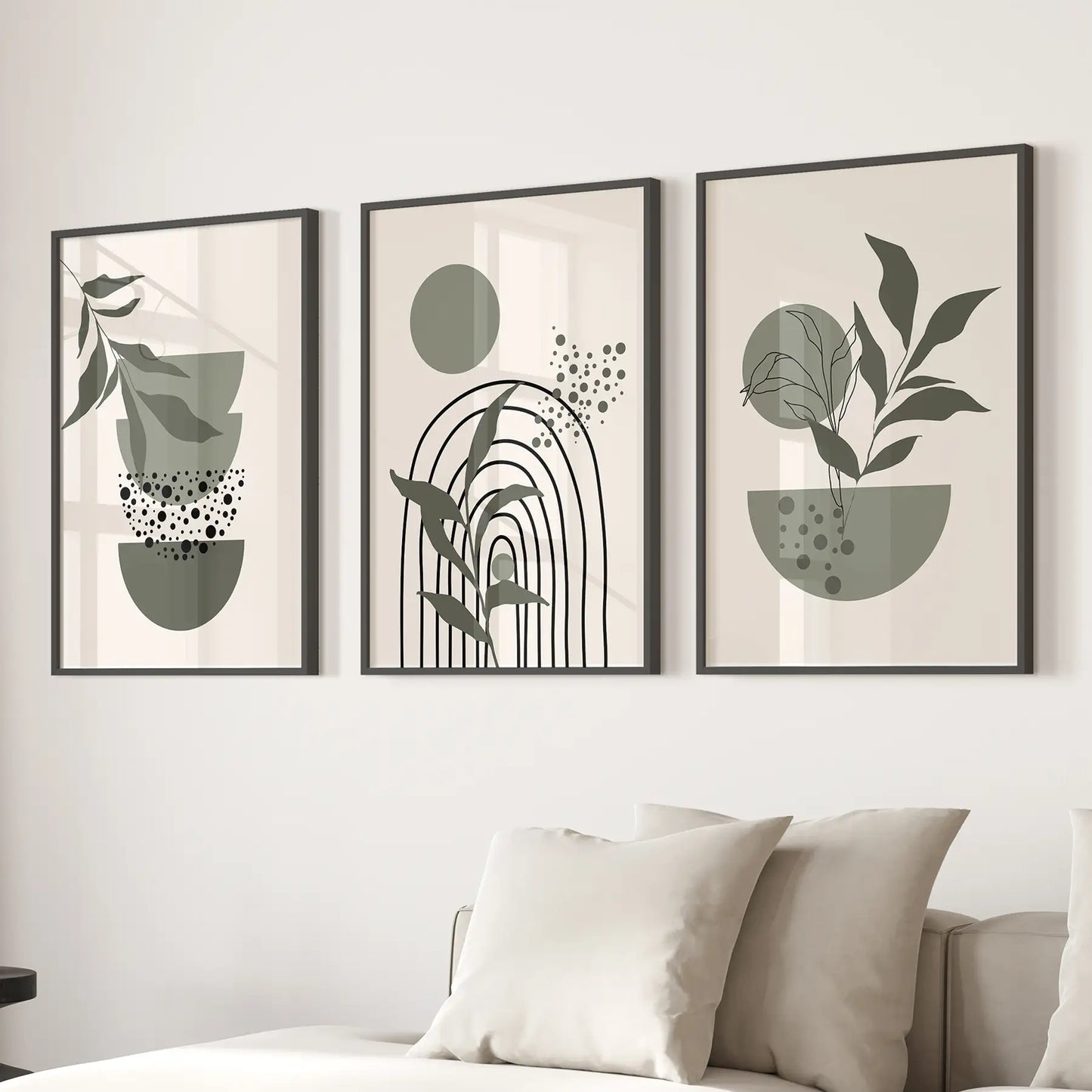 Green Mid‑Century Abstract Wall Art Set — 3 Piece Japandi Prints