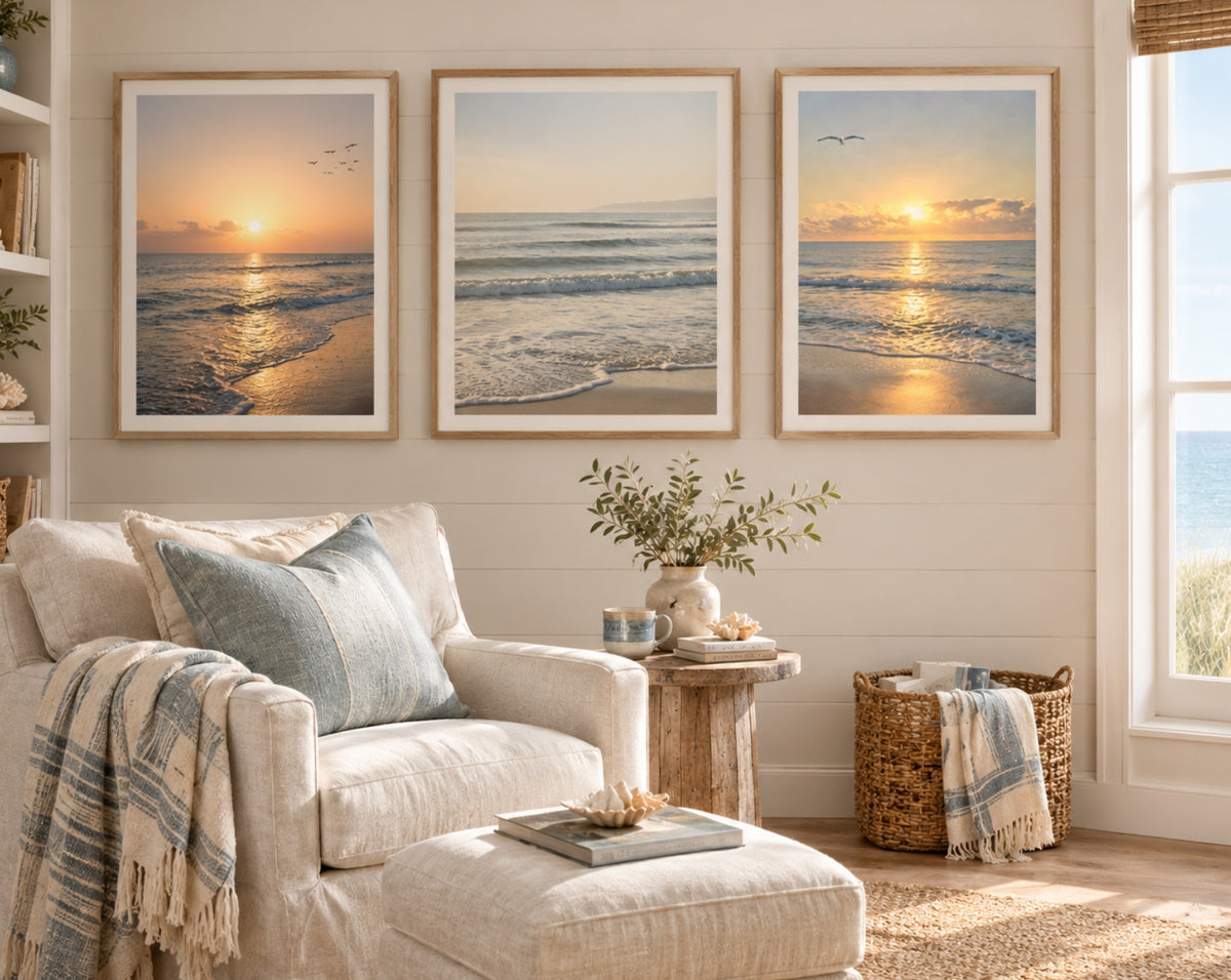 Coastal Horizon Trio – Soft Shoreline Wall Art Set for Calm, Neutral Interiors