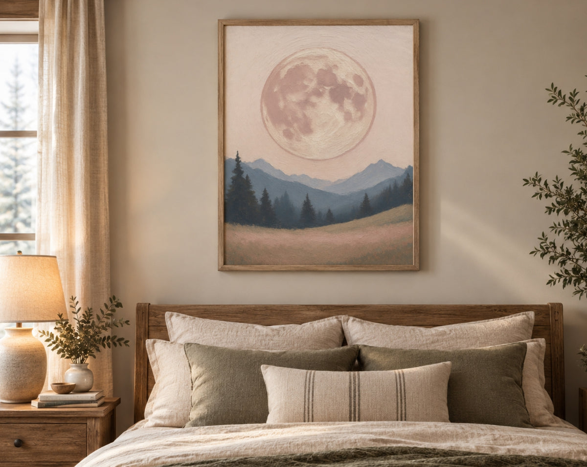 Rise of Nightfall – Soft Moonlit Mountain Wall Art for Calm, Dreamlike Interiors