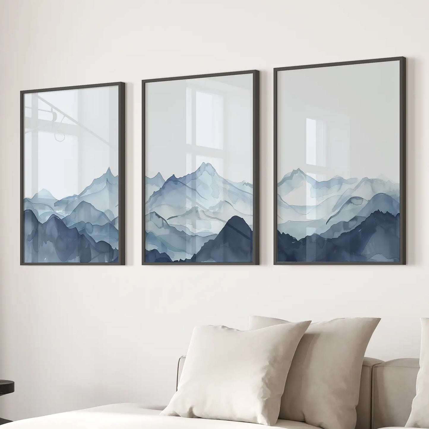 Blue Mist Peaks – Abstract Watercolor Mountain Canvas Set (3 Piece)