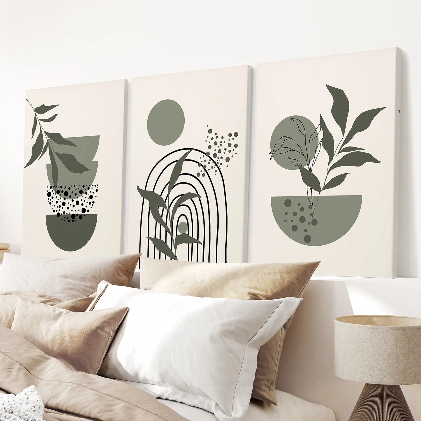 Green Mid‑Century Abstract Wall Art Set — 3 Piece Japandi Prints