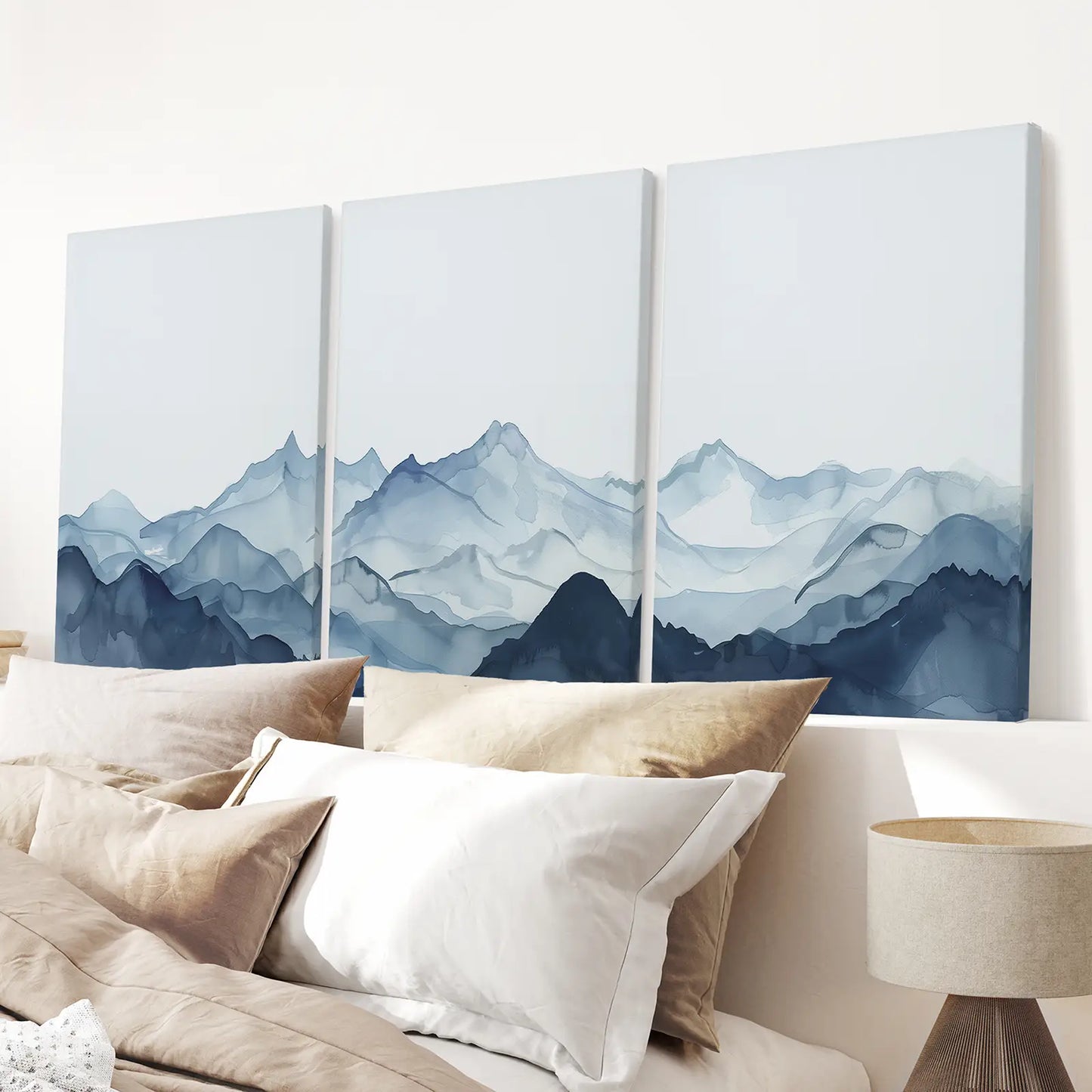 Blue Mist Peaks – Abstract Watercolor Mountain Canvas Set (3 Piece)