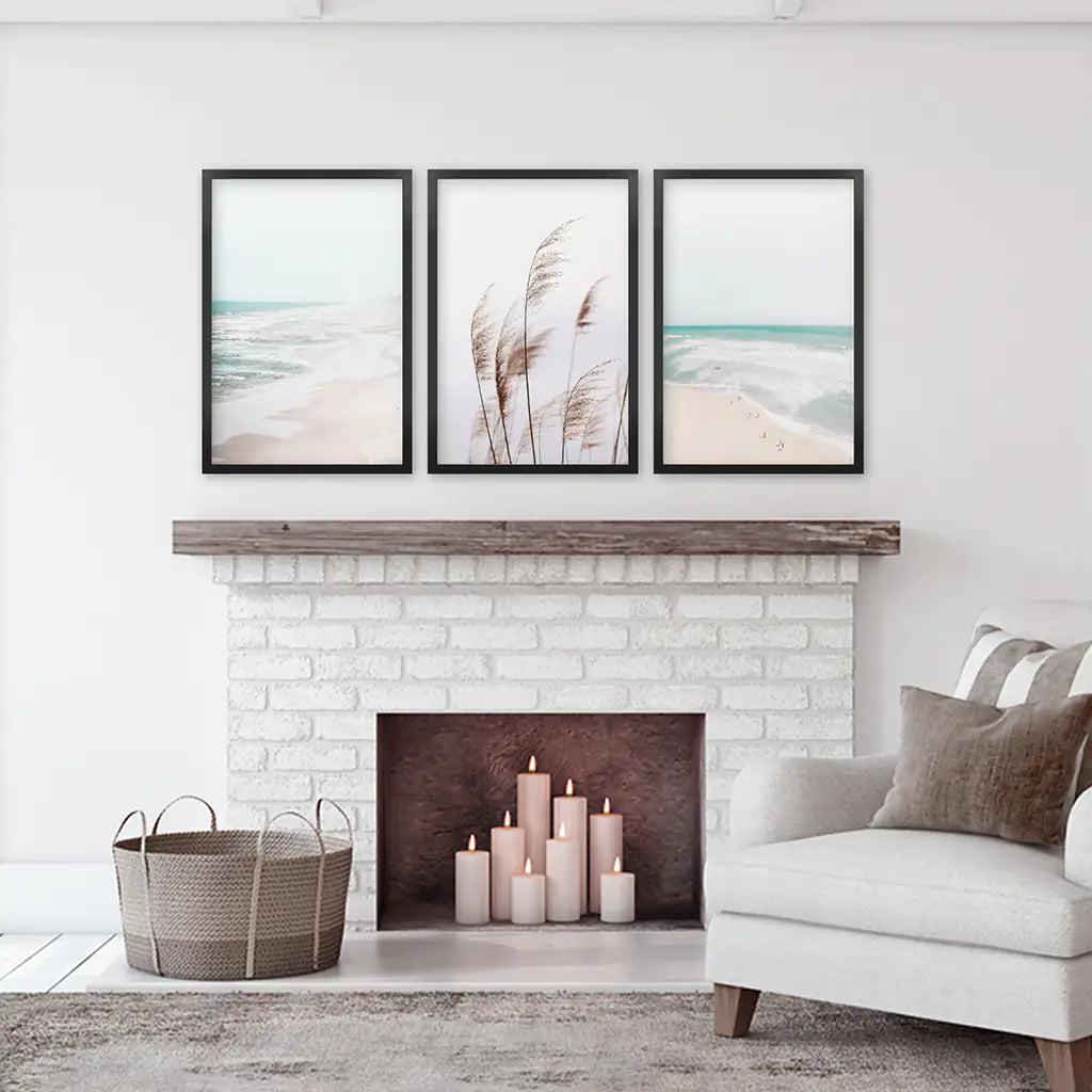 Coastal Pampas & Ocean – 3 Piece Wall Art Set