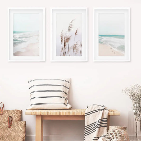 Coastal Pampas & Ocean – 3 Piece Wall Art Set