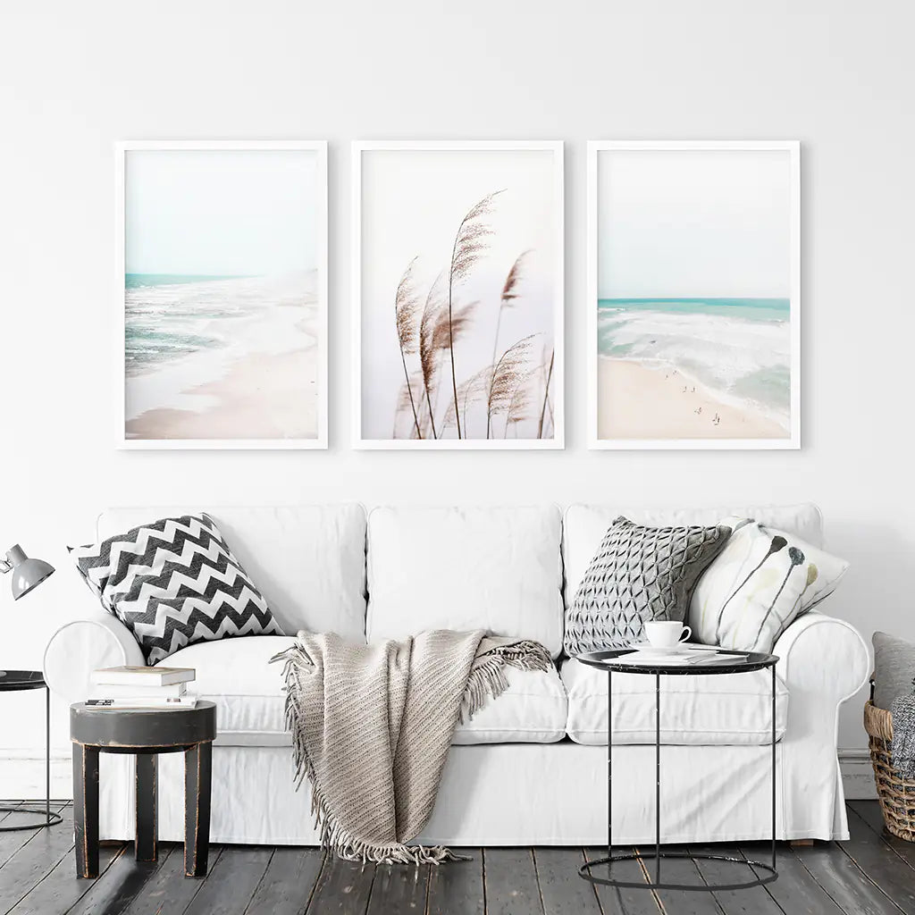 Coastal Pampas & Ocean – 3 Piece Wall Art Set
