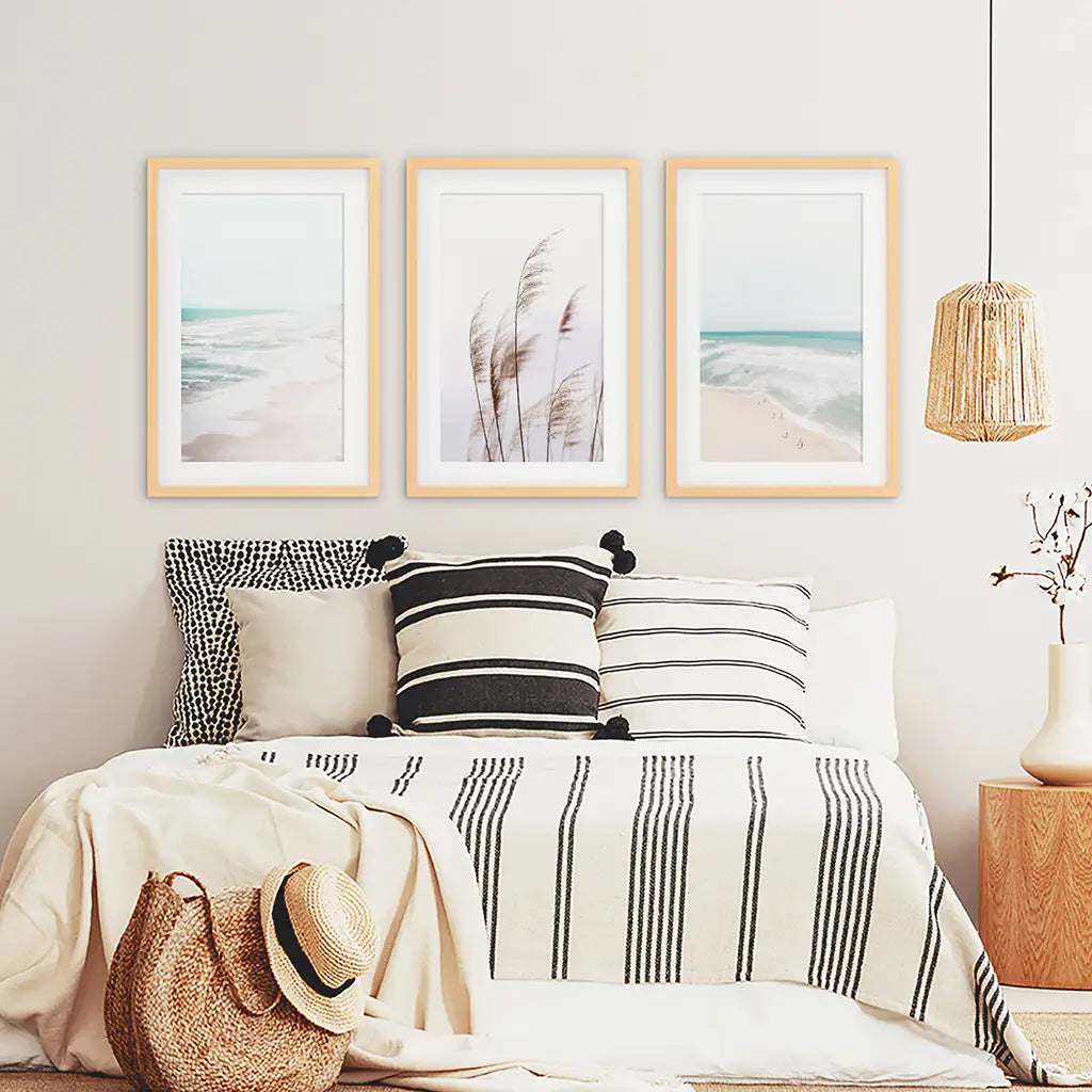 Coastal Pampas & Ocean – 3 Piece Wall Art Set
