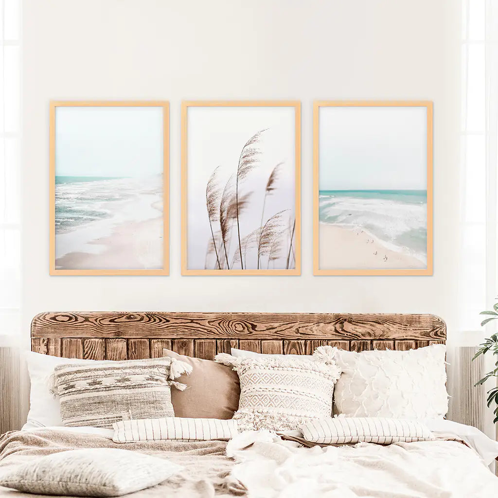 Coastal Pampas & Ocean – 3 Piece Wall Art Set