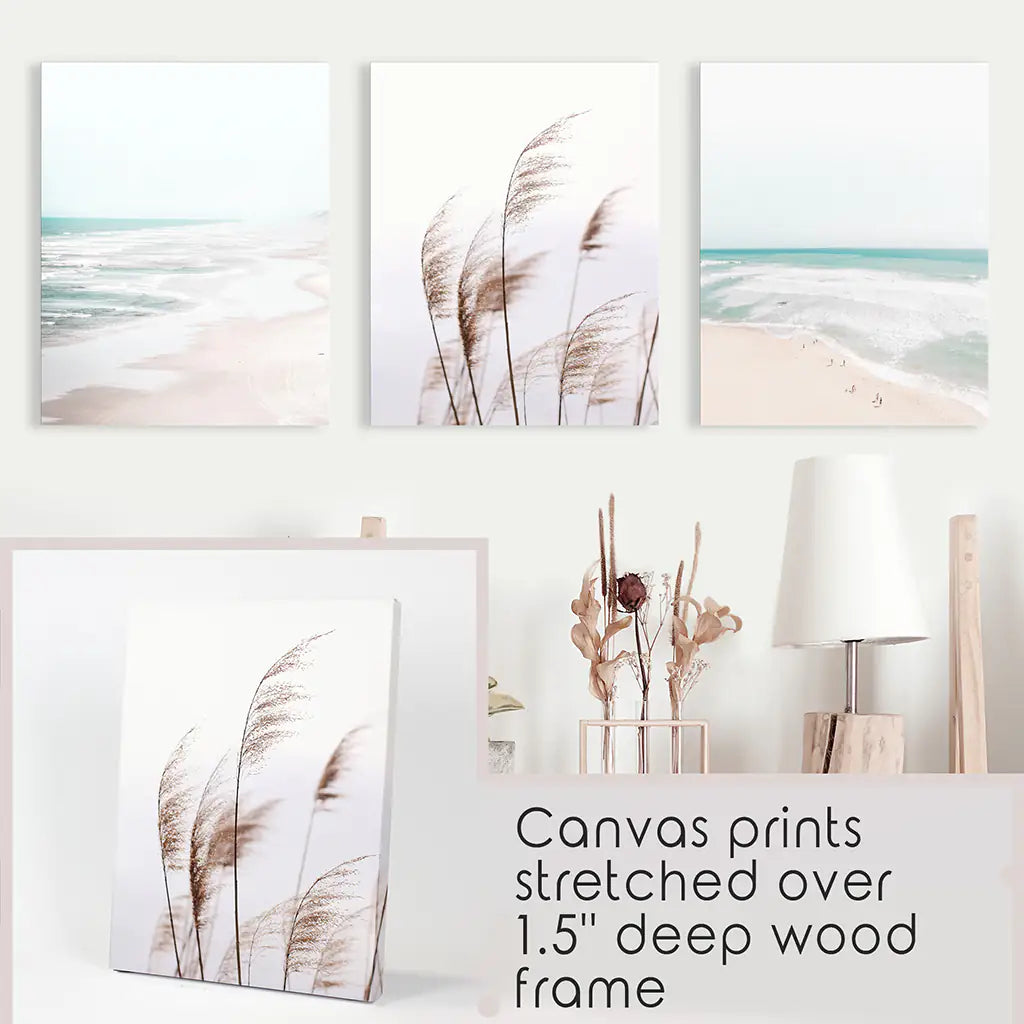 Coastal Pampas & Ocean – 3 Piece Wall Art Set