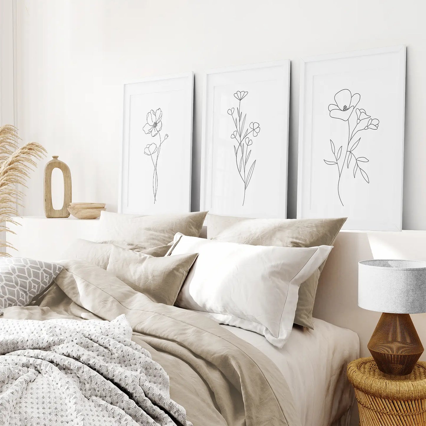 Wildflower Line Art Wall Art Set — 3 Piece Minimal Botanical Prints