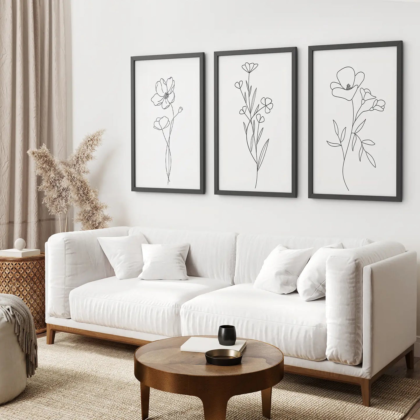 Wildflower Line Art Wall Art Set — 3 Piece Minimal Botanical Prints
