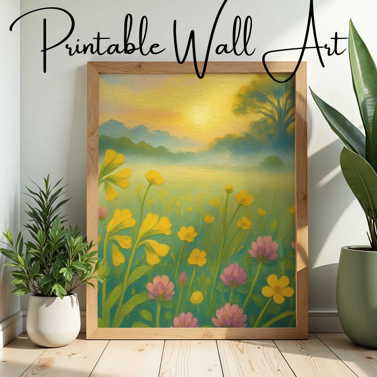 Golden Meadow Dawn – Warm Floral Landscape Wall Art Print