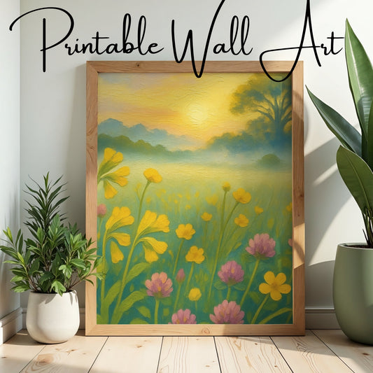 Golden Meadow Dawn – Warm Floral Landscape Wall Art Print