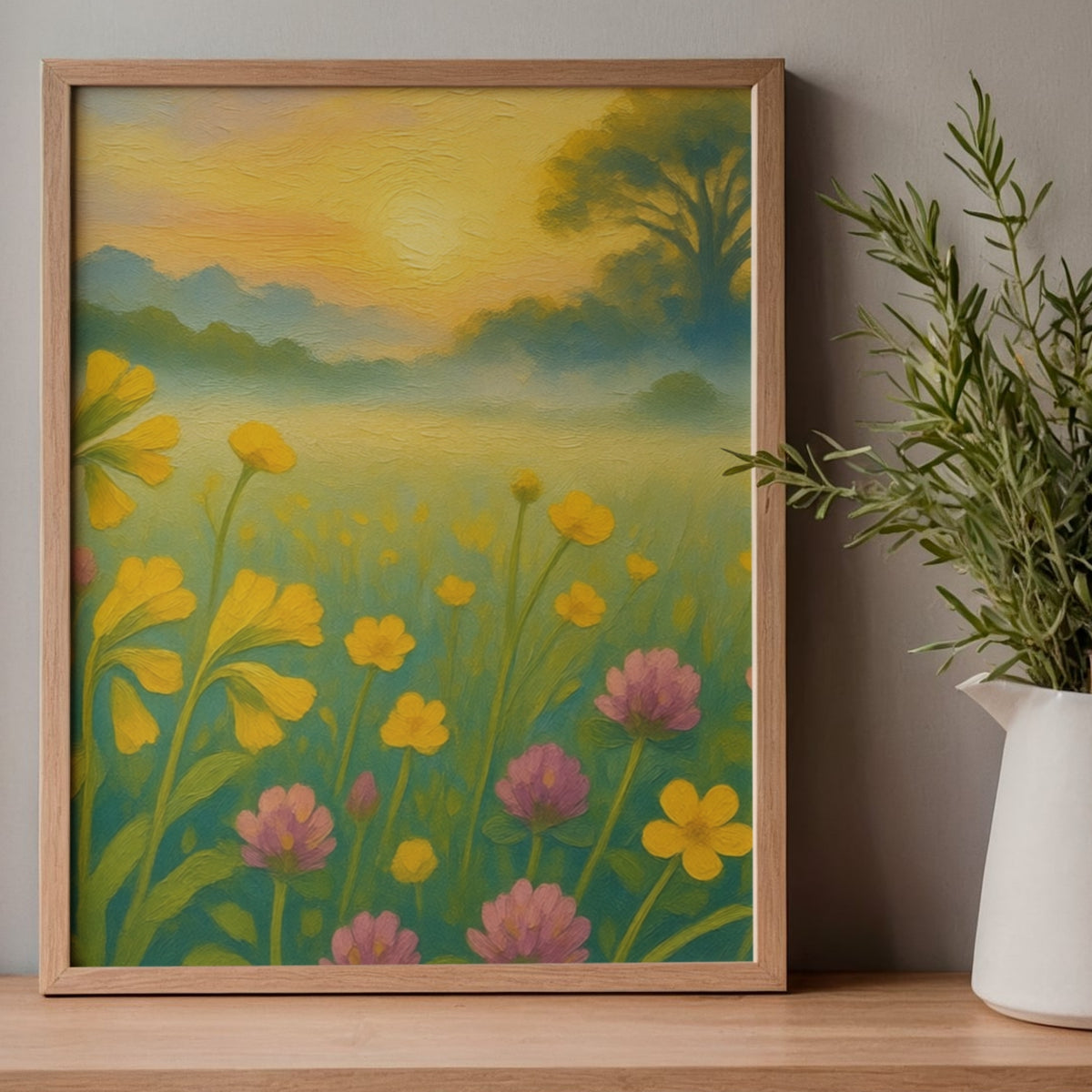 Golden Meadow Dawn – Warm Floral Landscape Wall Art Print
