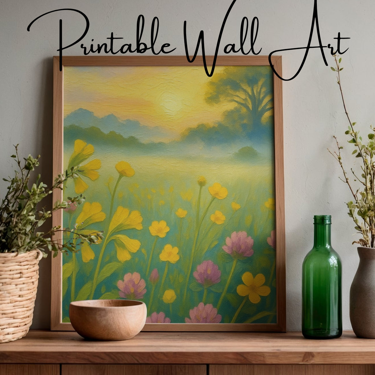 Golden Meadow Dawn – Warm Floral Landscape Wall Art Print