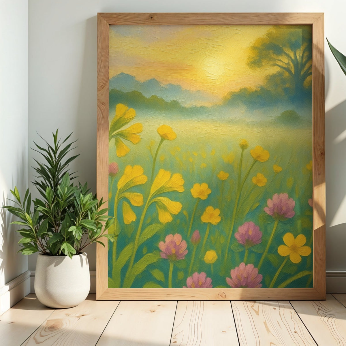 Golden Meadow Dawn – Warm Floral Landscape Wall Art Print
