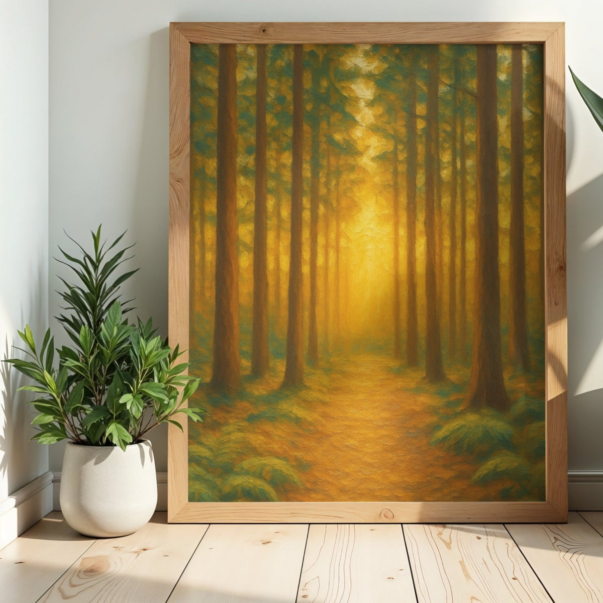 Woodland Glow Path — Sunlit Forest Nature Wall Art