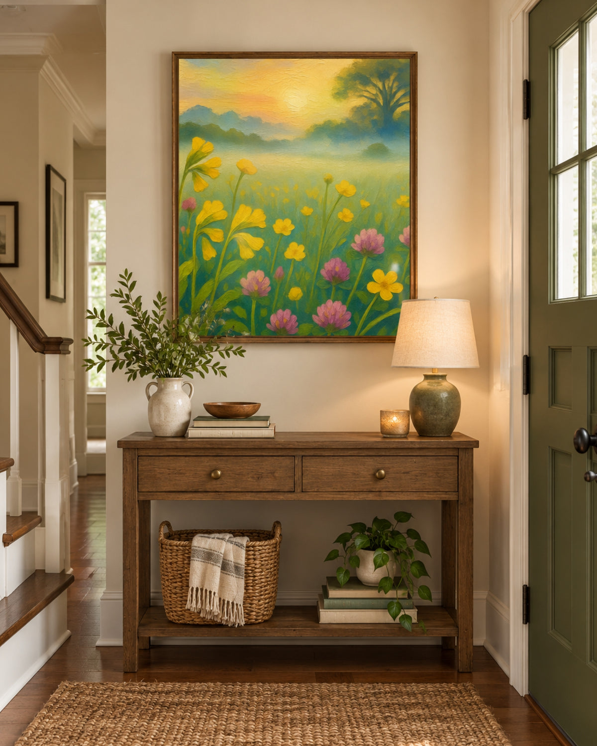 Golden Meadow Dawn – Warm Floral Landscape Wall Art Print