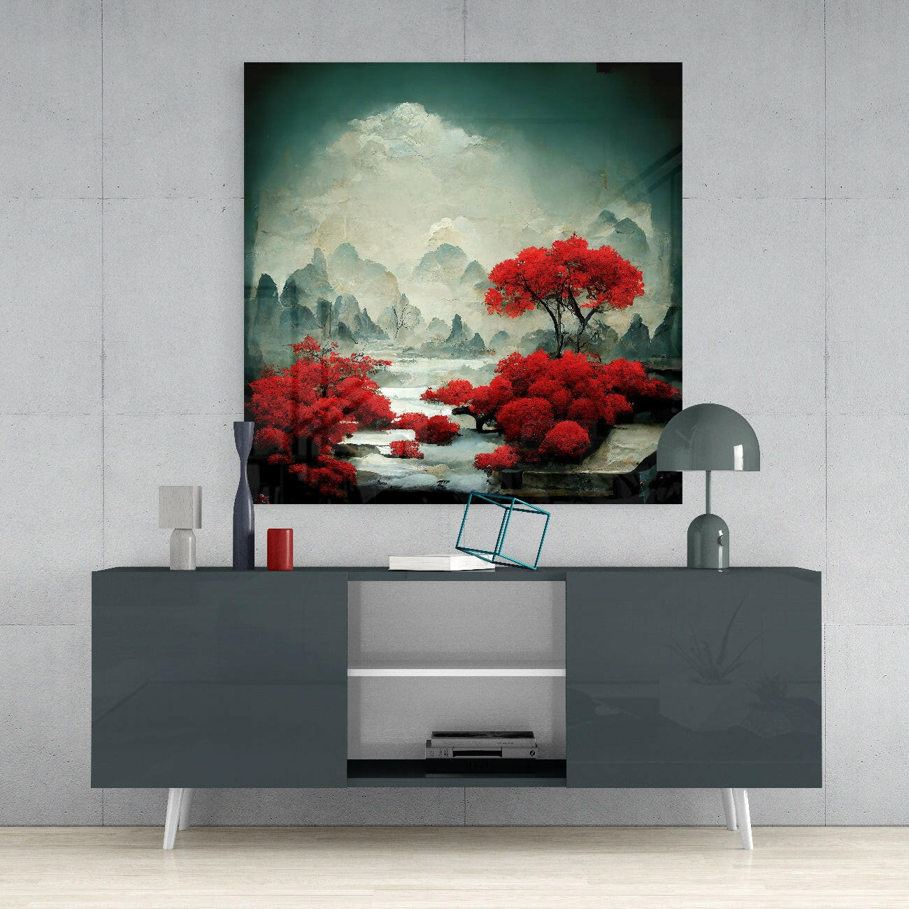 Crimson Grove Mist – Japandi Mountain Glass Wall Art
