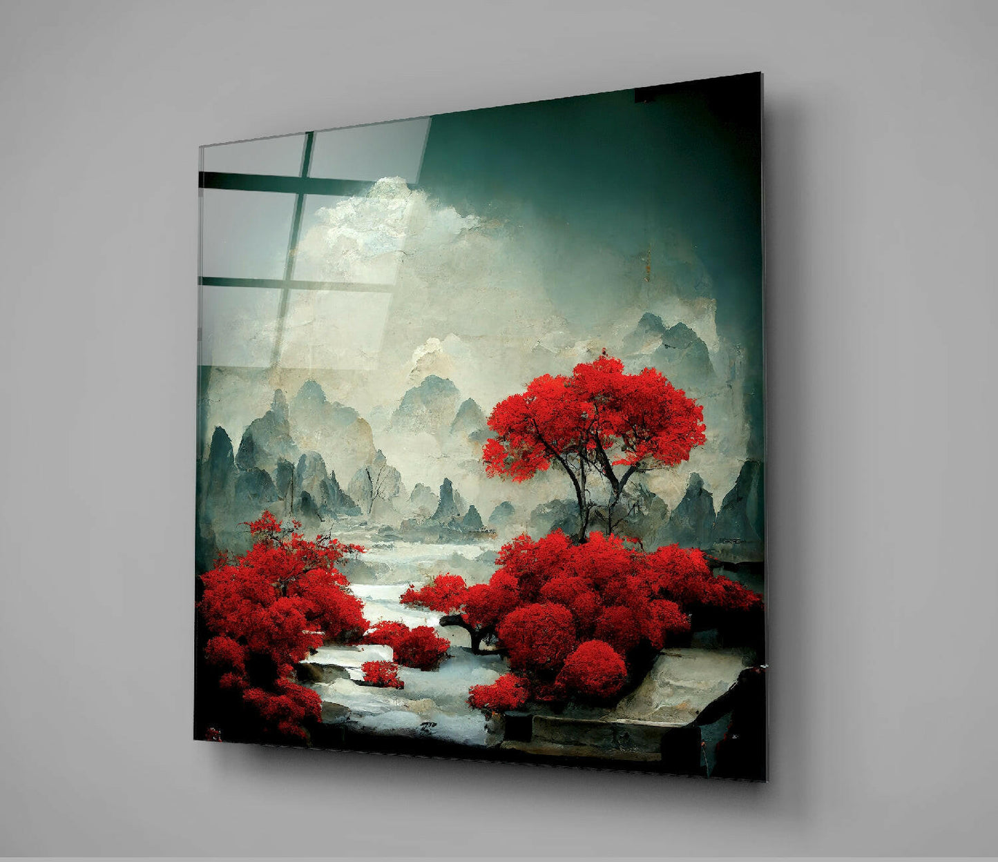 Crimson Grove Mist – Japandi Mountain Glass Wall Art