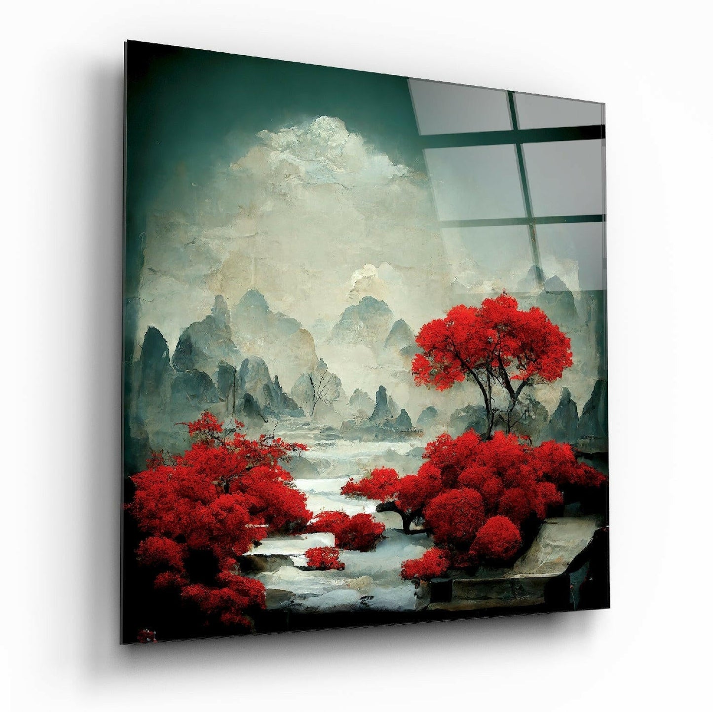 Crimson Grove Mist – Japandi Mountain Glass Wall Art