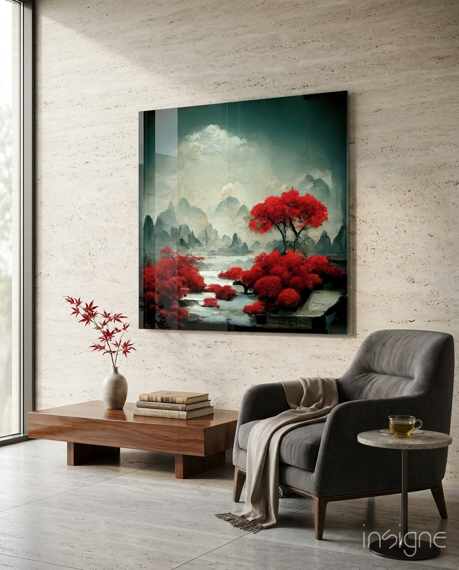 Crimson Grove Mist – Japandi Mountain Glass Wall Art