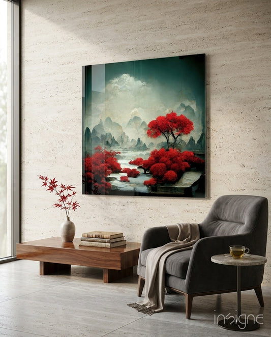 Crimson Grove Mist – Japandi Mountain Glass Wall Art